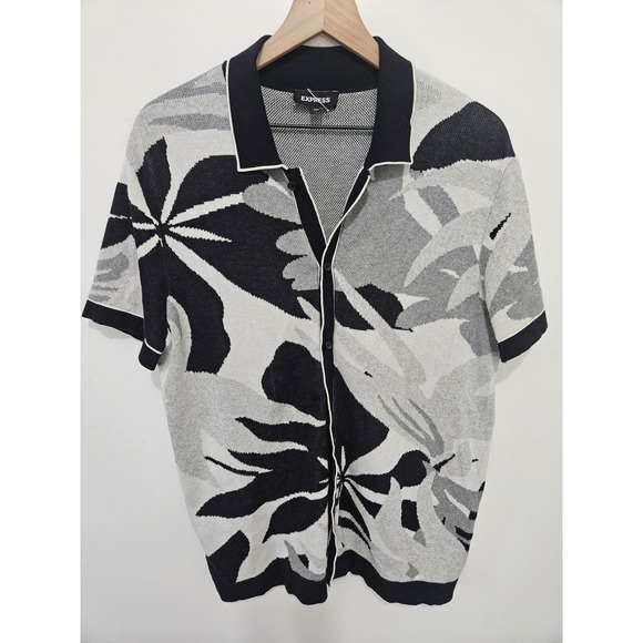 Express Other - Express Mens Floral Knit Button Down Polo Shirt Black Grey Tropical Leaf Large